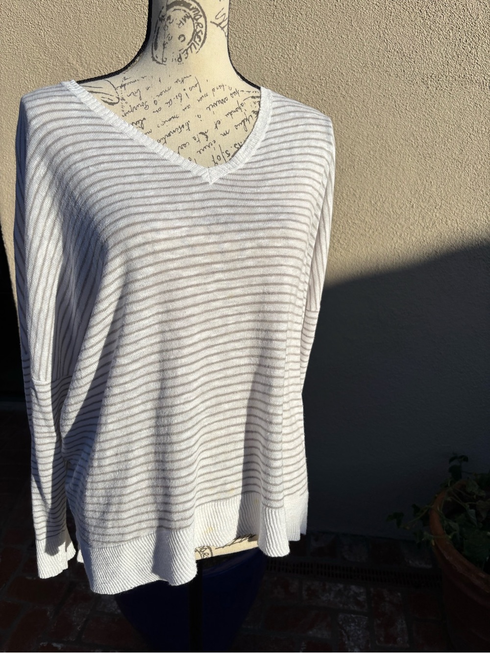 Eileen Fisher Cream Ribbed V-Neck Sweater